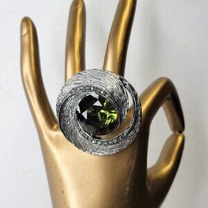 Statement Silver and Green Crystal Ring Adjustable Band